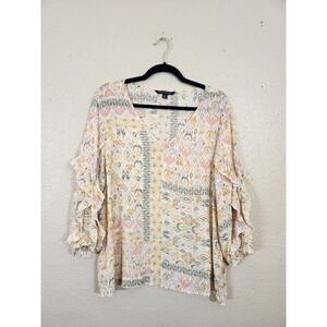 Zac & Rachel Bohemian Blouse Ruffle Sleeve V-Neck Top‎ Multicolor XL